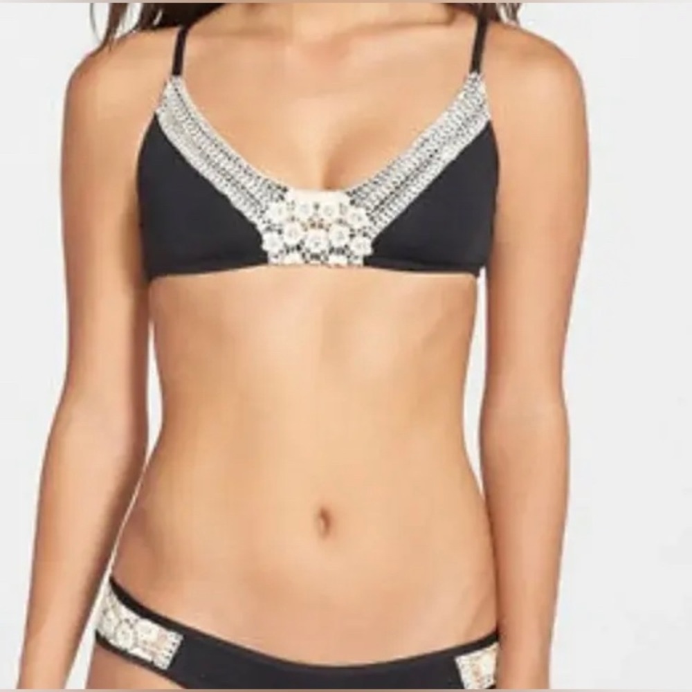 LUCKY BRAND Women’s Black Cream Crochet Swimsuit Bikini 2 PC Medium Small Large